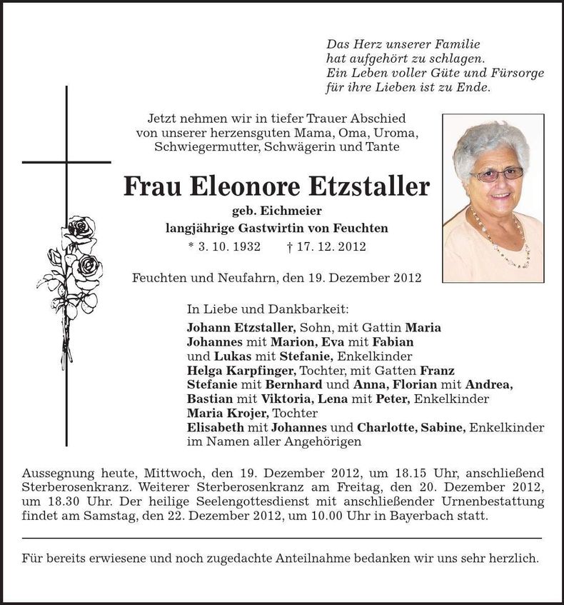 Traueranzeige Eleonore Etzstaller