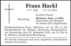 Traueranzeige Franz Hackl