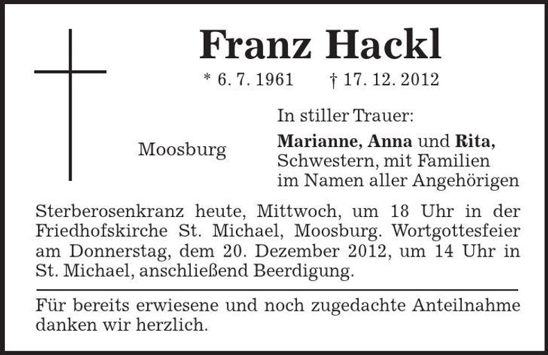 Traueranzeige Franz Hackl