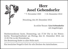 Traueranzeige Josef Gebendorfer