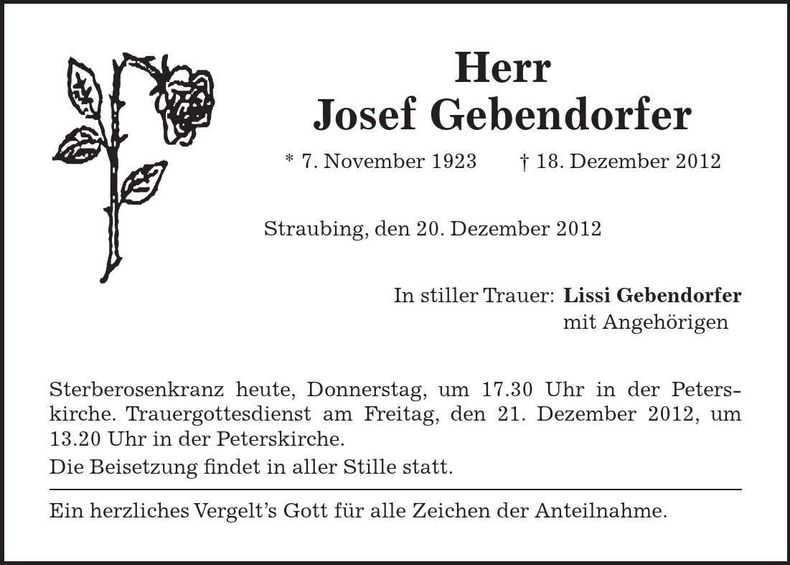 Traueranzeige Josef Gebendorfer