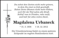 Traueranzeige Magdalena Urbaneck