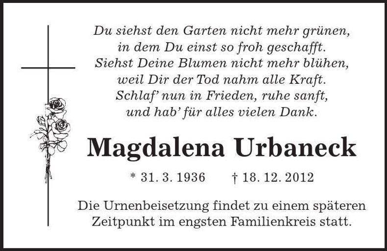 Traueranzeige Magdalena Urbaneck