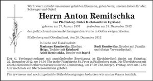 Traueranzeige Anton Remitschka