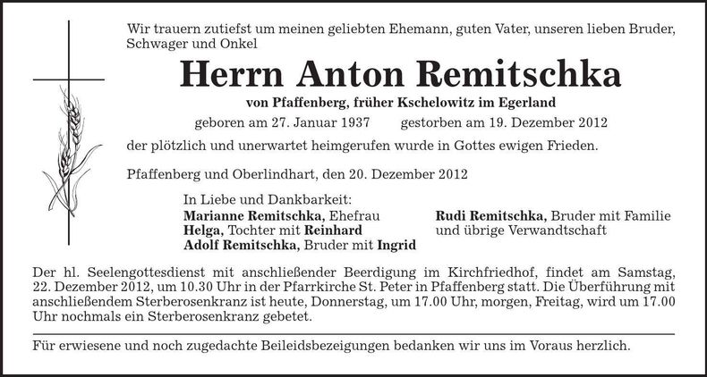 Traueranzeige Anton Remitschka
