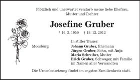Traueranzeige Josefine Gruber