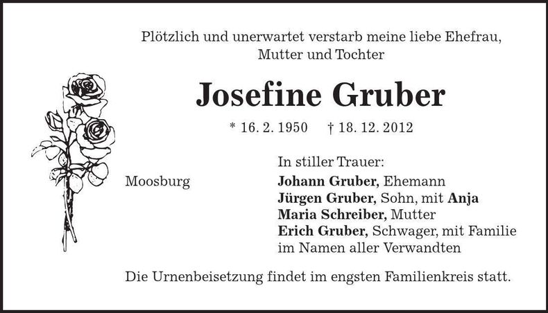 Traueranzeige Josefine Gruber