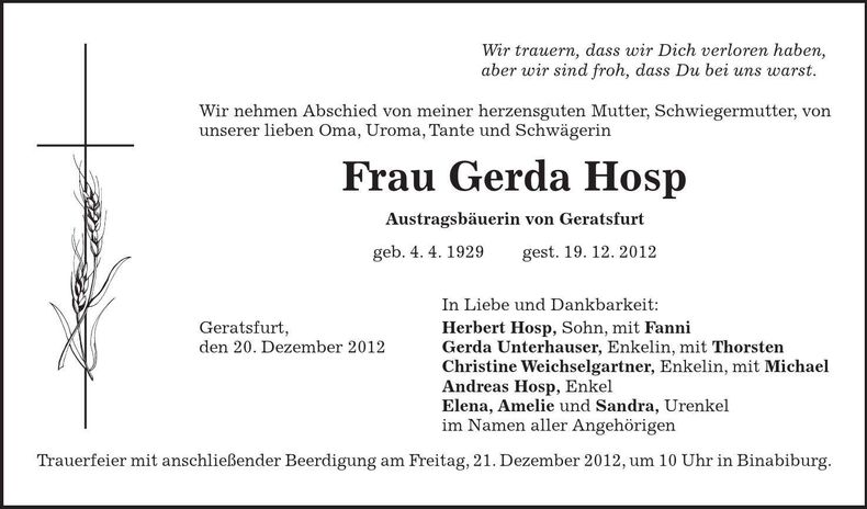 Traueranzeige Gerda Hosp
