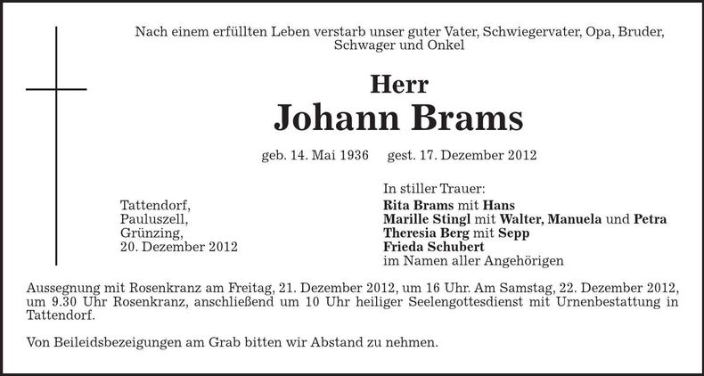 Traueranzeige Johann Brams