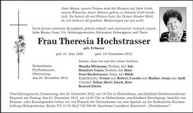 Traueranzeige Theresia Hochstrasser