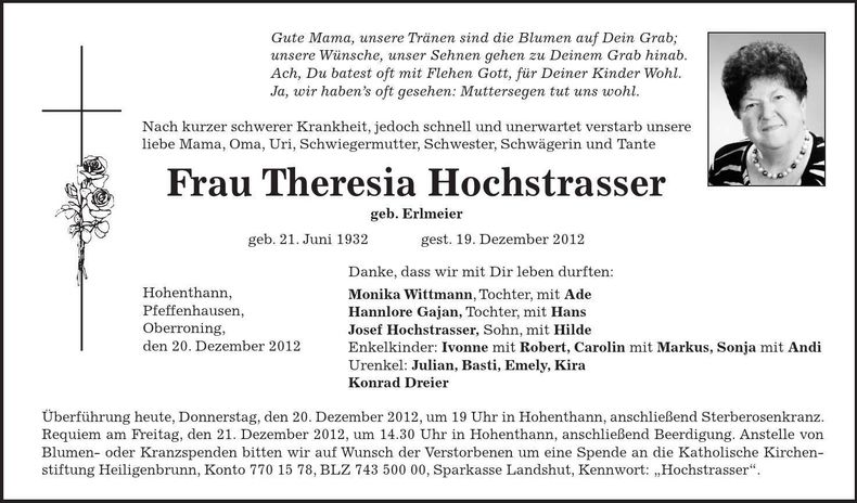 Traueranzeige Theresia Hochstrasser