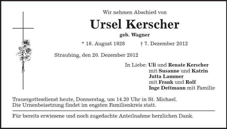 Traueranzeige Ursel Kerscher