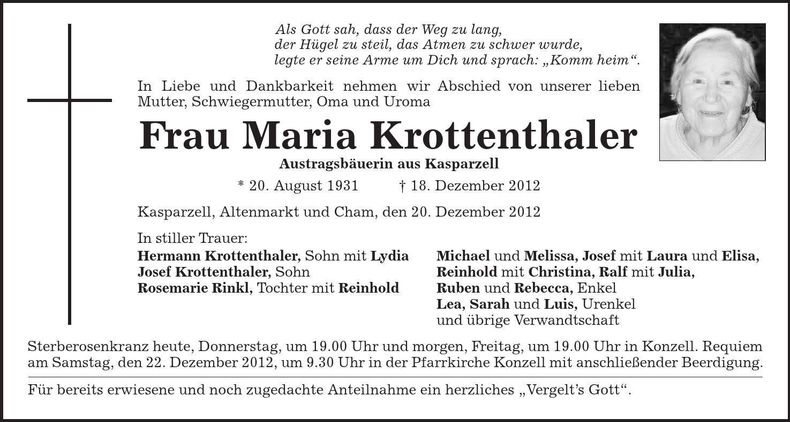 Traueranzeige Maria Krottenthaler