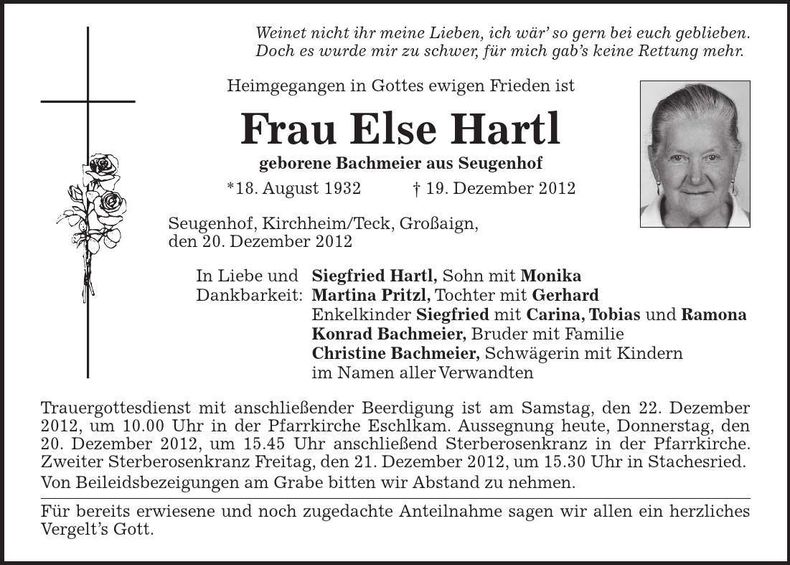 Traueranzeige Else Hartl