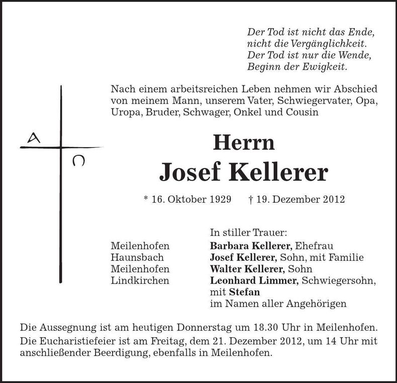 Traueranzeige Josef Kellerer