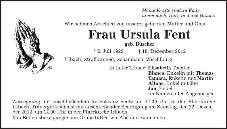 Traueranzeige Ursula Fent