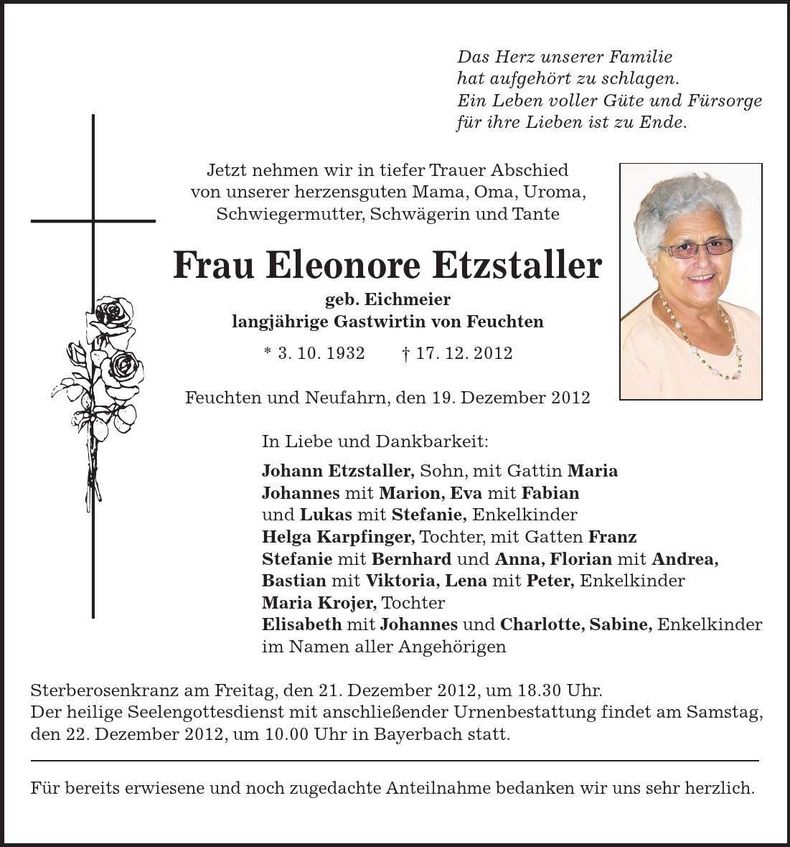 Traueranzeige Eleonore Etzstaller