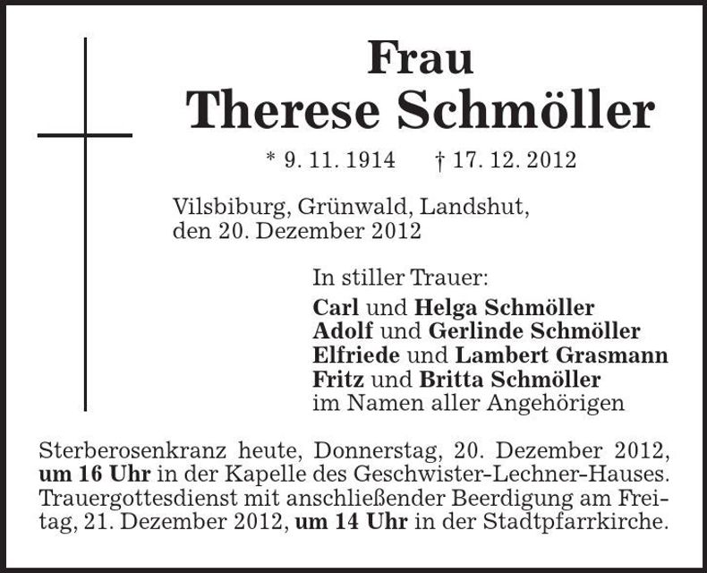 Traueranzeige Therese Schmöller
