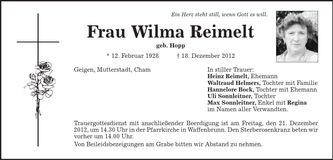 Traueranzeige Wilma Reimelt