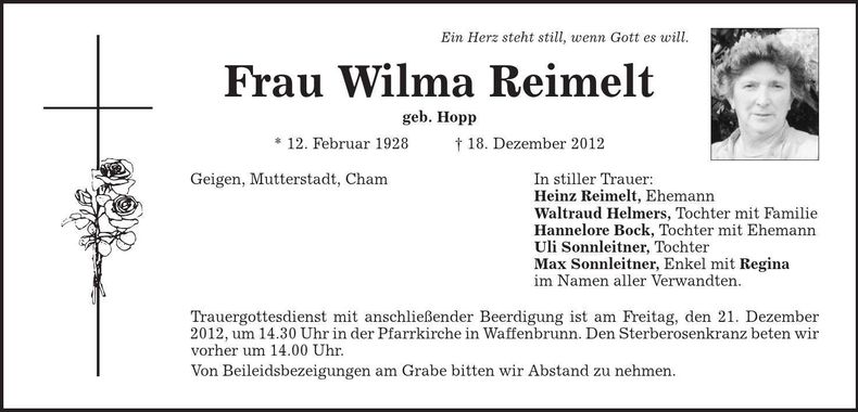 Traueranzeige Wilma Reimelt
