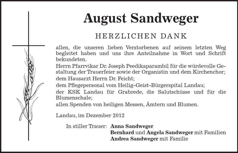 Traueranzeige August Sandweger