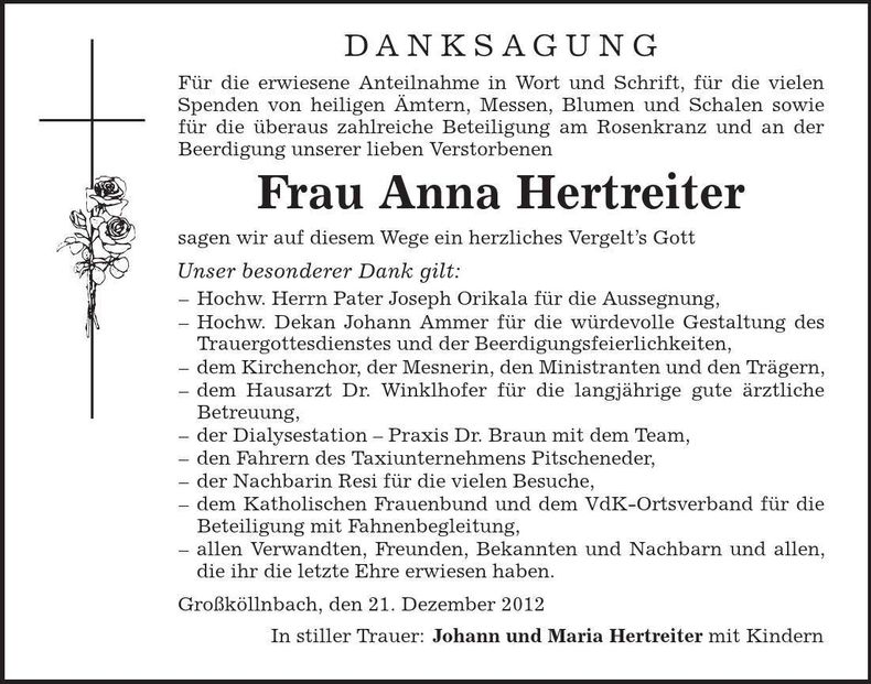Traueranzeige Anna Hertreiter