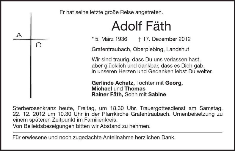 Traueranzeige Adolf Fäth