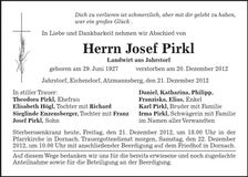 Traueranzeige Josef Pirkl