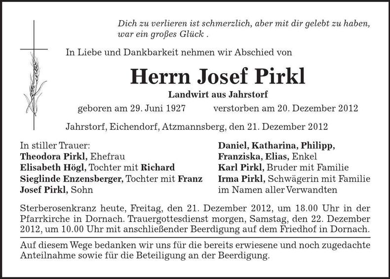Traueranzeige Josef Pirkl