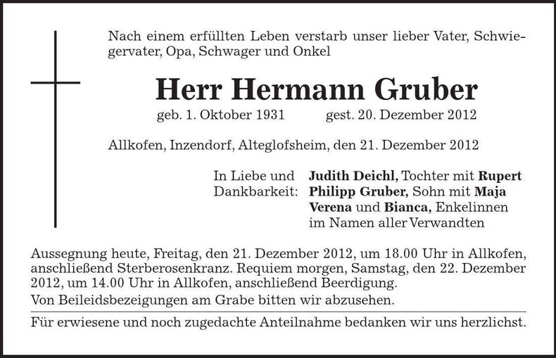 Traueranzeige Hermann Gruber