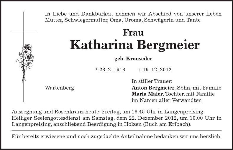Traueranzeige Katharina Bergmeier