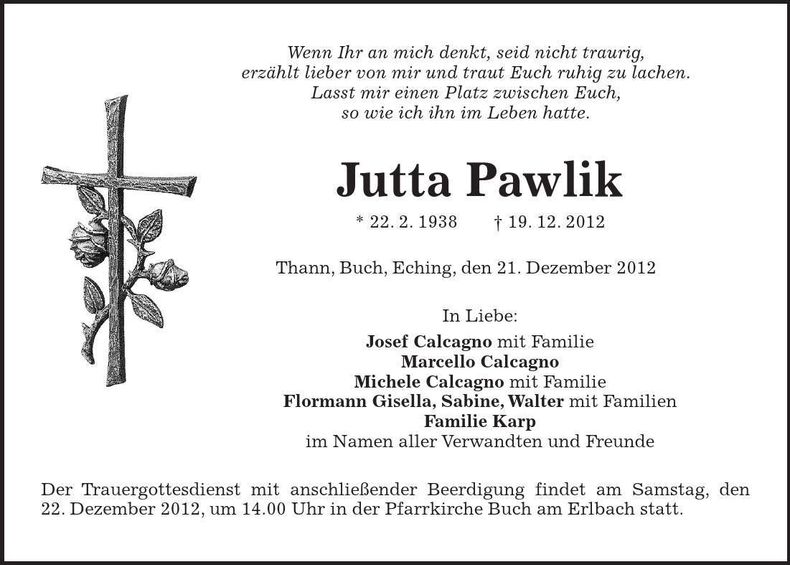 Traueranzeige Jutta Pawlik