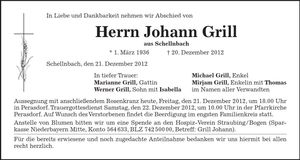 Traueranzeige Johann Grill