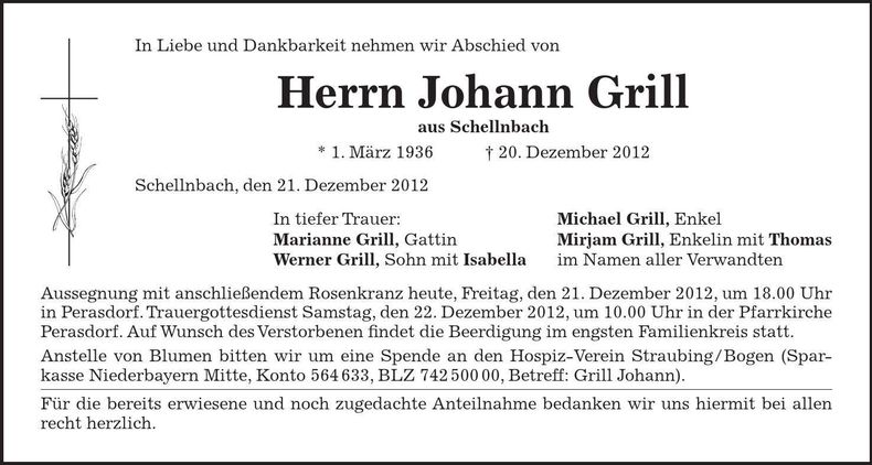 Traueranzeige Johann Grill