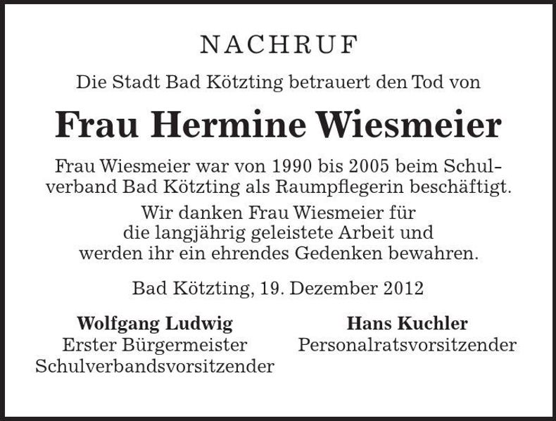 Traueranzeige Hermine Wiesmeier