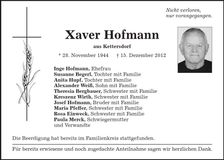 Traueranzeige Xaver Hofmann