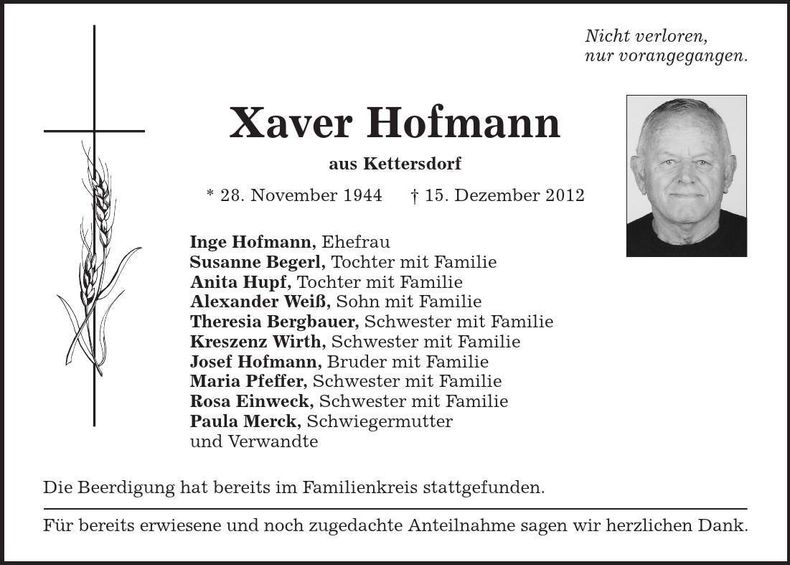 Traueranzeige Xaver Hofmann
