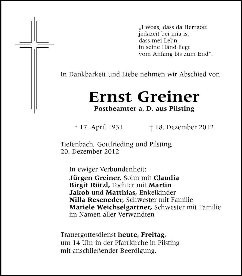 Traueranzeige Ernst Greiner