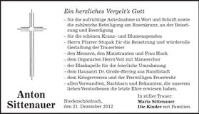 Traueranzeige Anton Sittenauer
