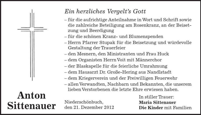 Traueranzeige Anton Sittenauer