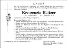 Traueranzeige Kreszenzia Heitzer