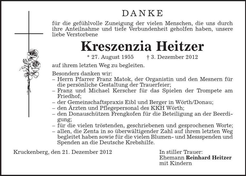 Traueranzeige Kreszenzia Heitzer