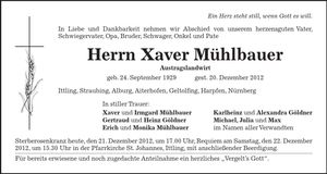 Traueranzeige Xaver Mühlbauer