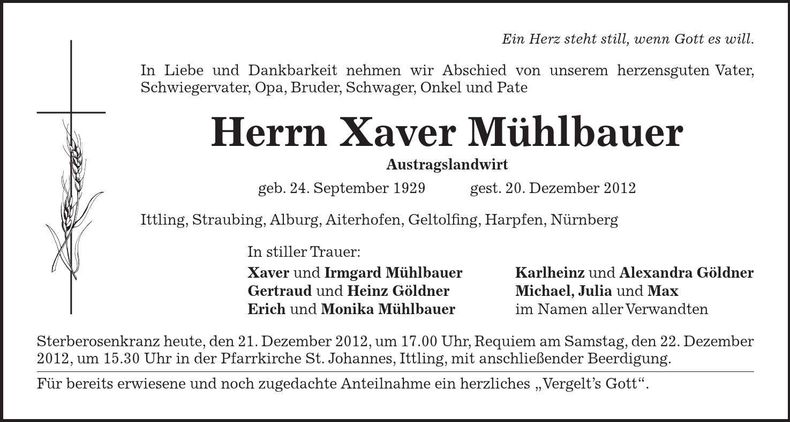 Traueranzeige Xaver Mühlbauer