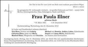 Traueranzeige Paula Illner