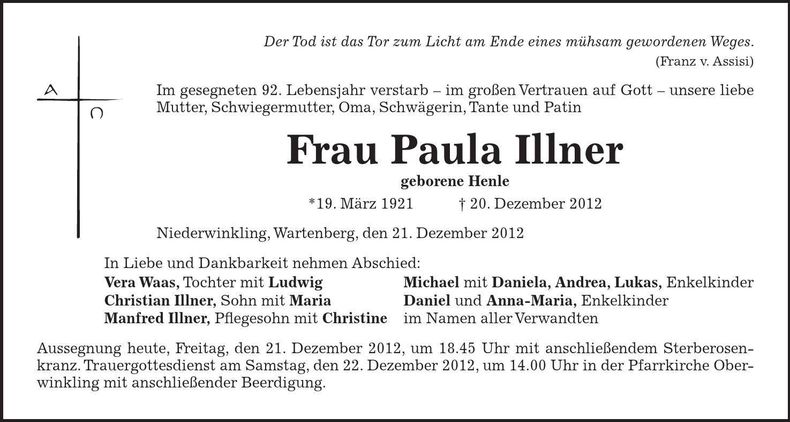 Traueranzeige Paula Illner