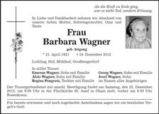 Traueranzeige Barbara Wagner