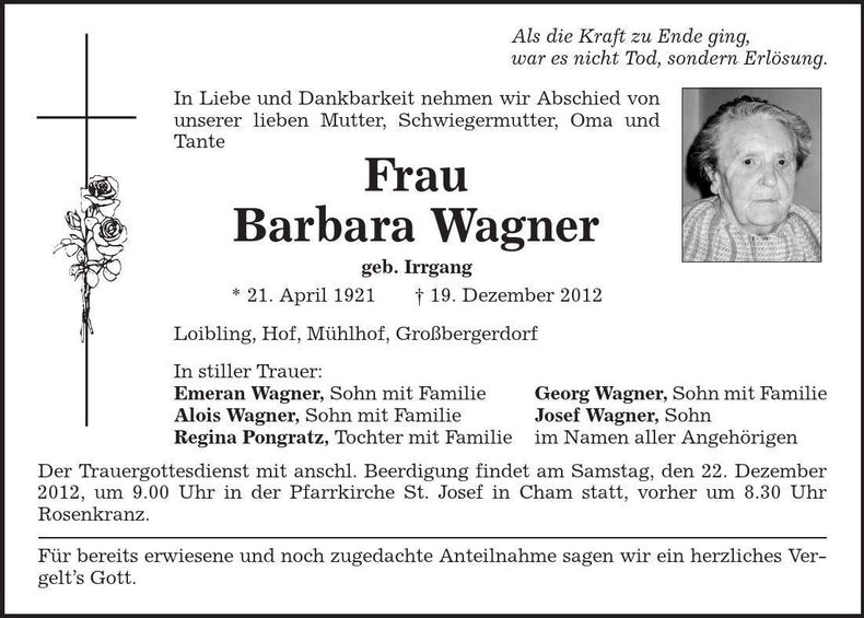 Traueranzeige Barbara Wagner