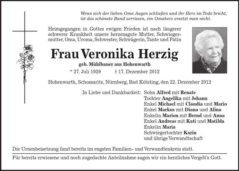 Traueranzeige Veronika Herzig