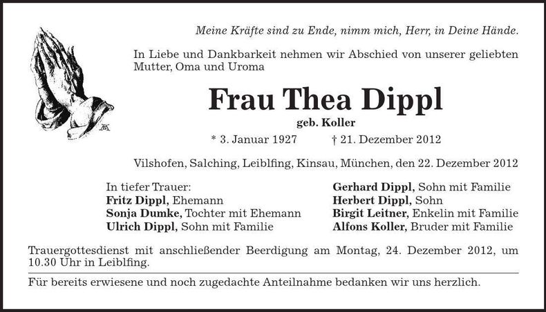 Traueranzeige Thea Dippl